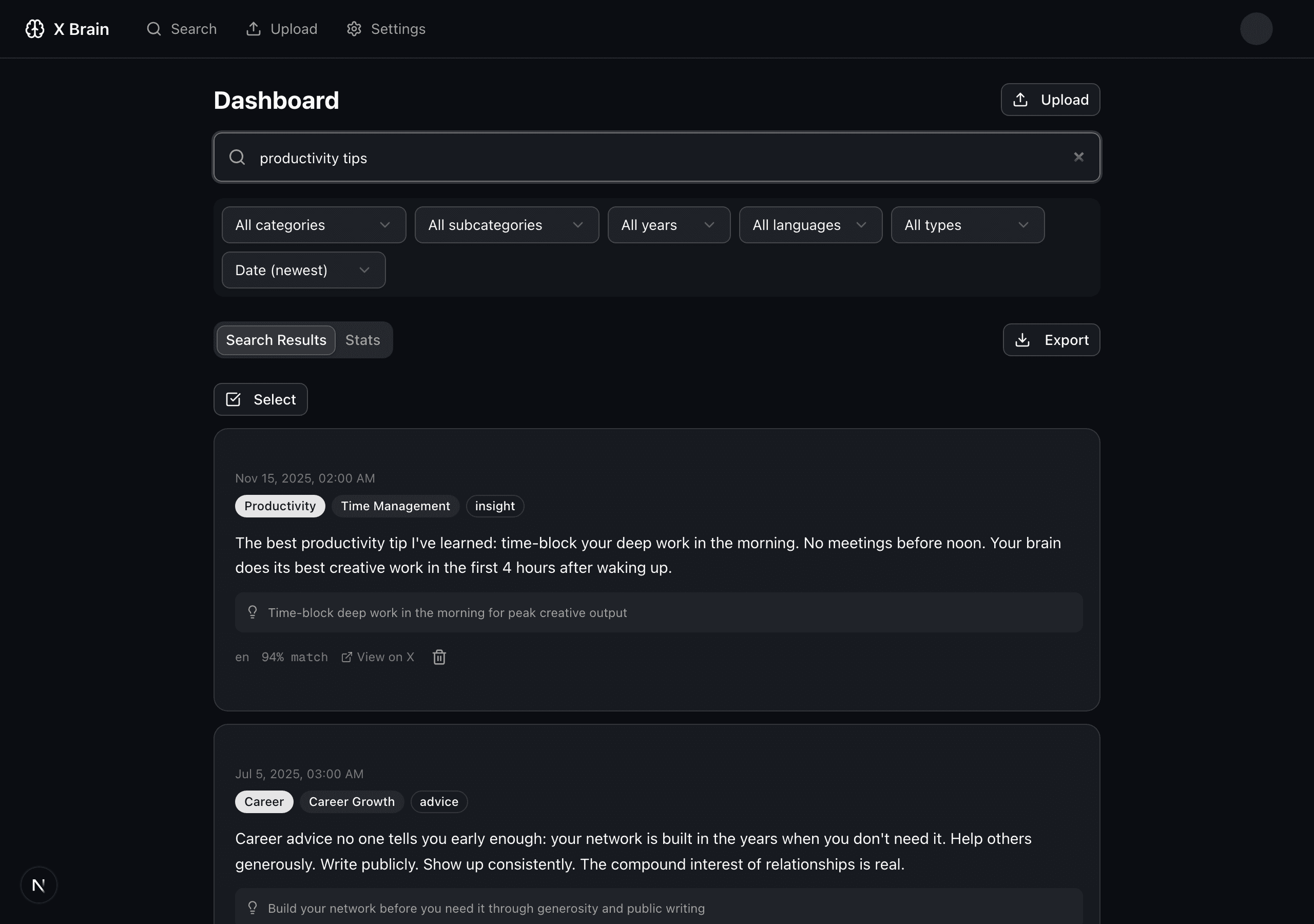 Screenshot of semantic search results for productivity tips